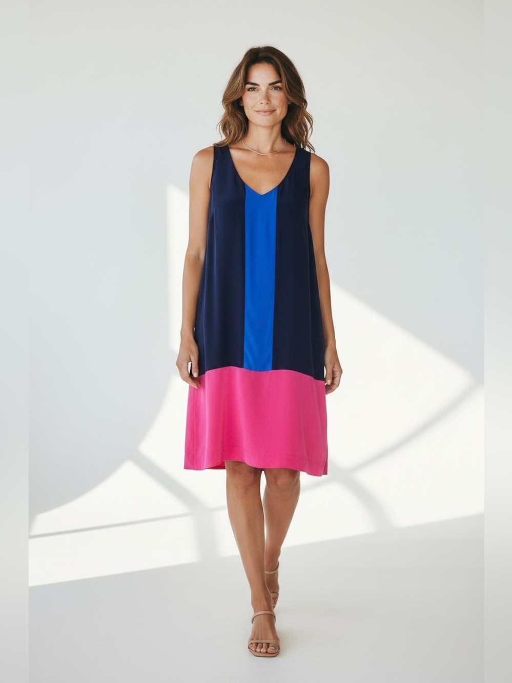 Madison Marcus Womens Blue Pink Colorblock Silk Shift Dress Size Small Colorful